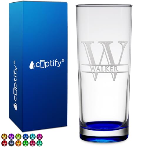 Personalized Highball 10.5 oz with Blue Bottom, Custom Tall Collins Glass, Straight up Mixed Drink Cocktail - Initial with Name Gift