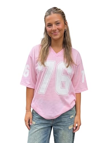 Image of LYSINK Women Oversized Jersey Shirts Y2k Number Graphic T-Shirt Summer Short Sleeve V Neck Loose Streetwear Top (A1-a-Pink, M)