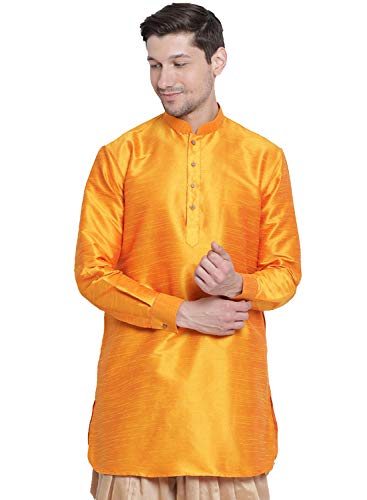 Image of Vastramay Men's Gold Curved Shape Pathani Style Silk Cotton Kurta - Mid-Length with Buttoned Cuff, Soft & Comfortable Ethnic Wear