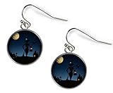 Pendientes artísticos con diseño de bruja horrible de Halloween sobre un fondo de luna llena, pendientes de cristal de cúpula