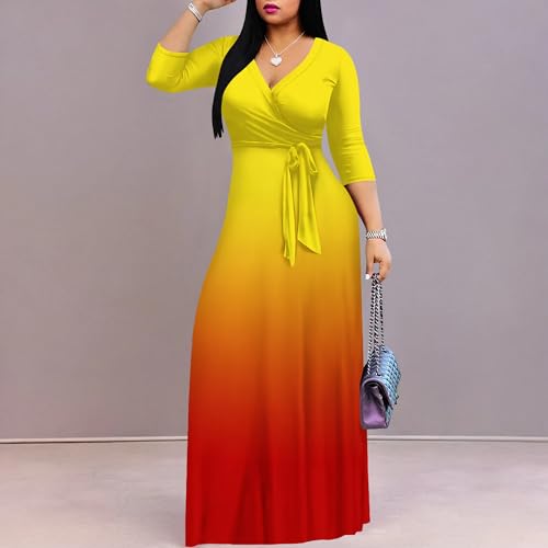 Image of PinkPatty Women's Plus Size Maxi Dresses Casual Flowy 3 /4 Sleeves Dress Printed Vacation Dress for Daily Wear with Belt