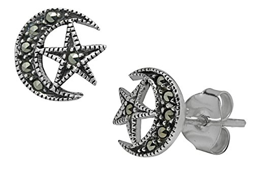 Sterling argento Star & Moon marcasite orecchini
