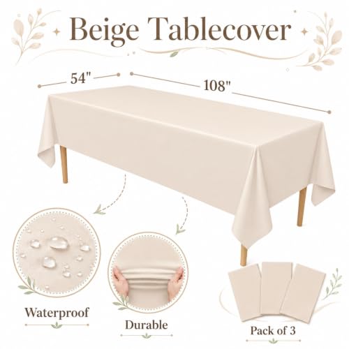 Image of Blue Orchards Beige Plastic Table Cover (Pack of 3 with 20 Glue dots) - 54 inch x 108 inch - Beige Waterproof & Disposable Tablecloth, Neutral Boho Chic Decor for Wedding, Wedding Decoration, Party Supplies