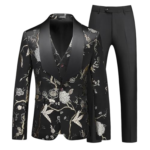 Men's Suits, 3 Piece Flower and Bird Jacquard Slim fit Oversized Suit, for Casual Wedding Banquets Proms Party Suit