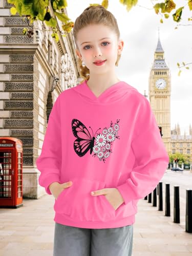 Cudtum Moletom com capuz de manga comprida para meninas com bolso, estampa de flores, roupas fofas,