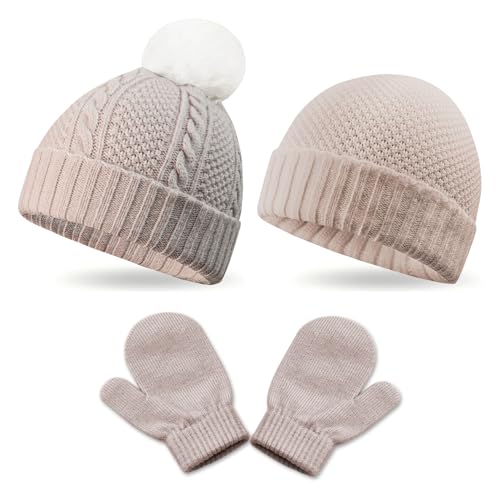 2 Pack Kids Winter Warm Beanie & Mittens Set, Soft Cable Knit Hat for Children's Toddler Baby, Cozy Cap & Gloves Small Combo D