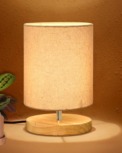 Image of Homesake Small Pine LED Table Lamp-Wooden Bedside Lamp Simple Bedroom Light Linen Shade Mini Desk Lamp Nightstand Lamps for Bedroom, Living Room, Gift, (Jute Cylinder)