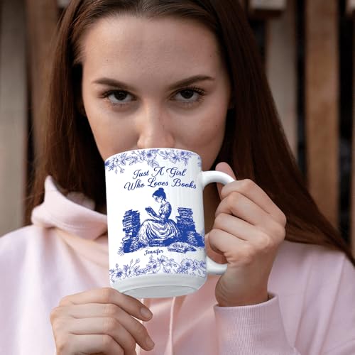 Image of Personalized Books Lover Mug, 11oz 15 oz Ceramic Coffee Cup, Just A Girl Who Loves Reading Books Design, Gift for Women Readers, Christmas (Flowers-Girl)