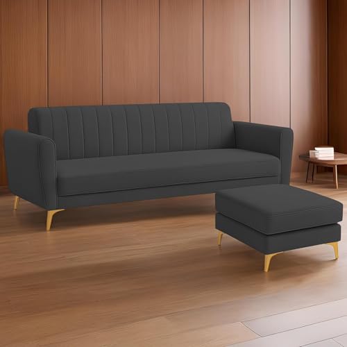 Image of Casaliving Murdock 4 Seater Convertible Sofa Set for Living Room, 3 Seater & Ottoman Modular Sectional Couch for Small Space (Black Colour) Fabric