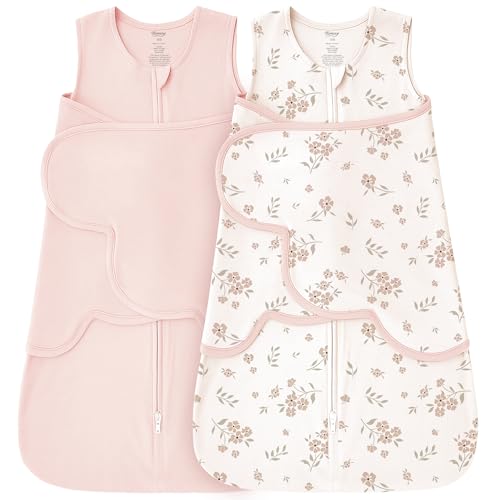 Konssy Rayon Made from Bamboo Newborn Baby Sleep Sack 2 Pack 3-Way Swaddle Sack with Removable Adjustable Wings Soft Stretchy Infant Wearable Blanket with 2-Way Zipper 0-3 Months