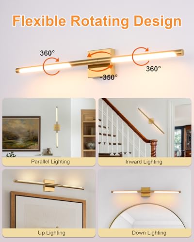 Image of TODOLUZ 36-Inch 5CCT 20W LED Bathroom Vanity Light Fixture, Brushed Brass 2700K-5500K Wall Sconce Lighting with Rotatable Lamp Tube