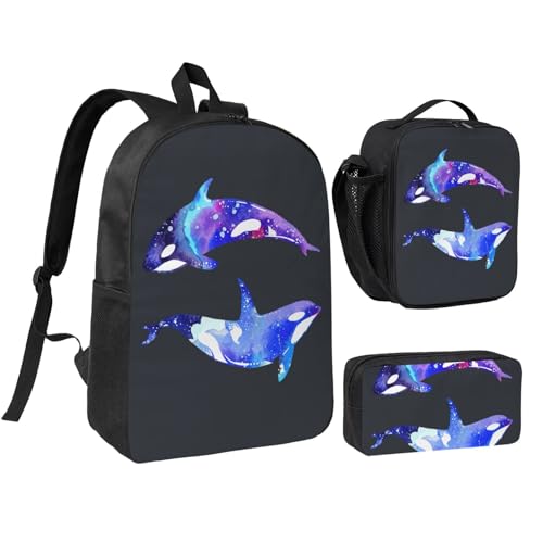 Orca Killer Whale print Shoulder Bookbags Lunch Bag and Pen Case 17 inches Backpack with Lunch Box, Cute Bookbag Set