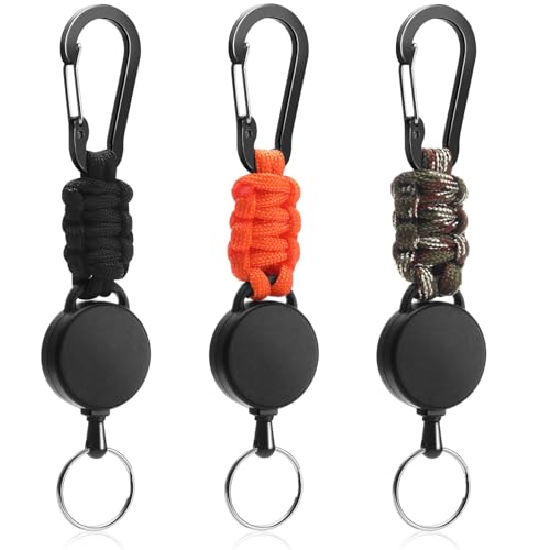 EOPUOZS Schlüsselanhänger Ausziehbar 3 Stück - 60cm Stahlseil mit Karabiner, Einziehbarer Schlüsselhalter mit Stahlseil (Schwarz/Camouflage/Orange), Heavy Duty für Schlüssel und Ausweise