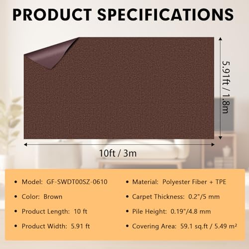 Grefinity Indoor Outdoor Carpet,6 FT x 10 FT Brown Marine Carpet Marine Grade Boat Carpet with Water-Proof TPE Backing, Non-Slide Carpet Roll for Home, Patio, Porch, Deck by Grefinity - Image 2