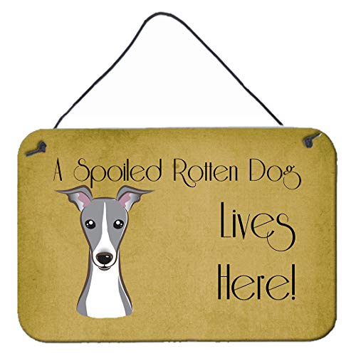 Caroline's Treasures BB1484DS812 Italian Greyhound Spoiled Dog Lives Here Wall or Door Hanging Prints Aluminum Metal Sign Kitchen Wall Bar Bathroom Plaque Home Decor, 8x12, Multicolor