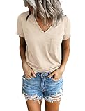 PGANDS Women's Summer Tops V Neck Short Sleeve T Shirts Casual Basic Loose Fit Tee Beige