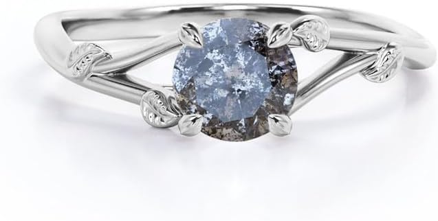 Aihpos Natural Herkimer Diamond Ring for Women – 1.0 CT Round Cut Salt and Pepper Diamond Ring Single Grey Diamond Ring 925 Sterling Silver 10K 14K 18K Gold Statement Ring for Her