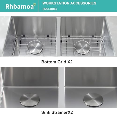 Rhbamoa 32 Inch Double Bowl Kitchen Sink Undermount,16-GaugeT304 Stainless Steel Kitchen Sink,50/50 Undermount Double Sinks with Accessories,Deep Sinks with Brushed Finish,Round Corner