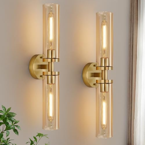 Image of Indoi Wall Sconces Set of Two, Hardwired Brushed Gold Bathroom Sconces Wall Lighting with Amber Glass, Modern Sconces Wall Decor Set of 2 Vanity Light fixtures for Bathroom Mirror Bedroom
