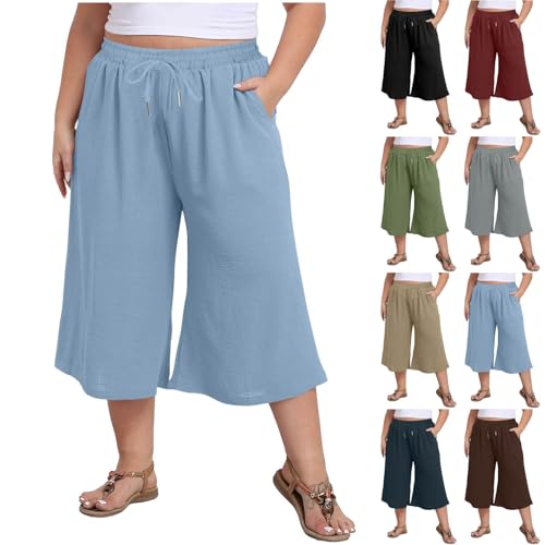 HGps8w Wide Leg Linen Capri Pants for Women Loose Fit Casual Elastic Waist Summer Drawstring Lounge Sweatpants with Pockets2