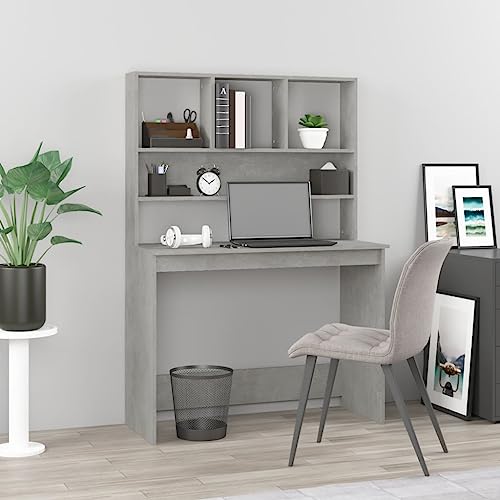 Bureau avec étagère compact en bois gris béton pour télétravail studieux