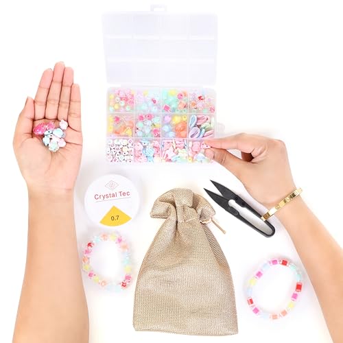 Image of Ambitieux DIY Bracelet Making Kit for Girls - 12 Types Colorful Beads with Charms, Elastic Thread, Earrings, Clasps & Rings - Jewellery Craft Kit for Kids, Birthday Return Gift, Rakhi Special Set for 2 3 4 5 6 7 8 9 10 years (Double beads)