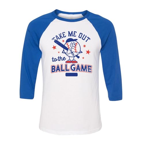 Take Me Out to The Ball Game Three-Quarter Raglan Sleeve Baseball Shirt Unisex 2X-Large White/Royal