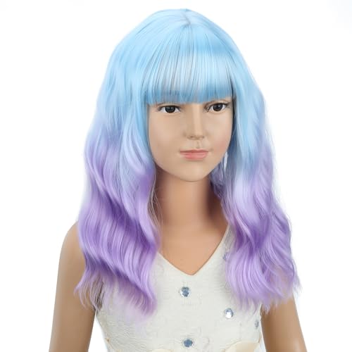 Image of PATTNIUM Girls Blue Ombre Purple Wig with Bangs Kids Short Wavy Curly Wig Blue and Purple Bob Wigs Synthetic Halloween Costume Cosplay Party Wigs