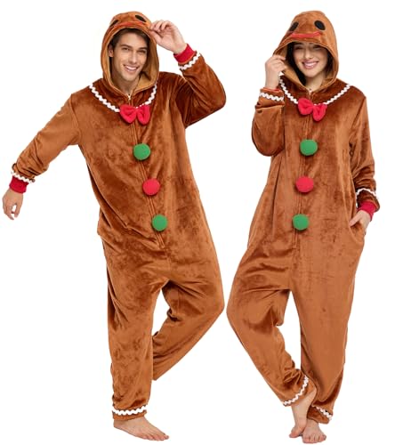 Laahoem Christmas Pajamas Unisex Adult Cookie Man Hooded Jumpsuit Men Women Halloween Costume Cosplay Sleepwear L Brown