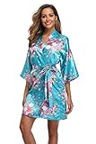 iFigure Women Floral Kimono Robe Satin Bridal Dressing Gown Bride Bridesmaid Robes Sleepwear, Lake blue, L
