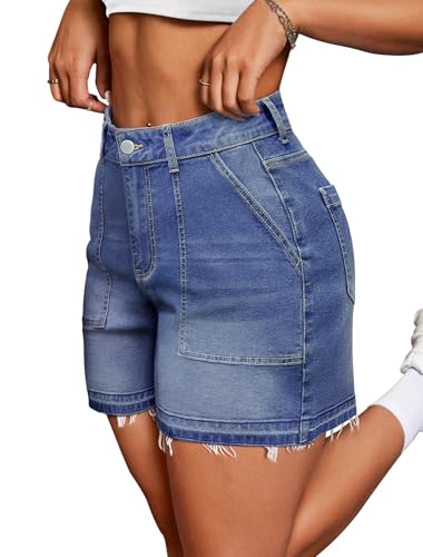 IWD Jean Shorts Womens High Waisted Stretchy Casual Denim Shorts for Women Buttoned Frayed Raw Hem Summer Trendy Jorts (Dark Blue, Medium)