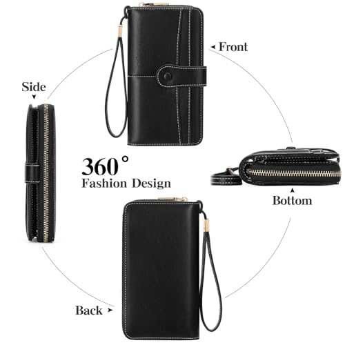 Image of Wristlet Women's Wallet Phone Purse RFID Blocking Large Capacity Card Holder Leather Black