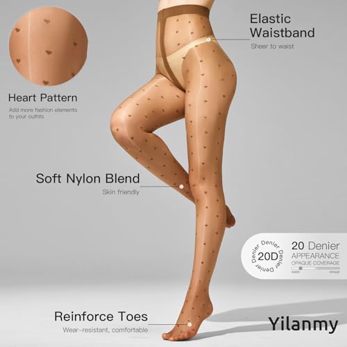 Image of Yilanmy Shiny Polka Dot Patterned Tights for Women Sheer Shimmer Pantyhose 20D High Waist Heart Stockings