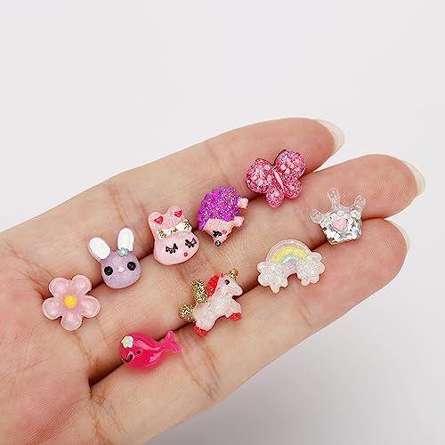9Pairs Unicorn Rainbow Stud Earrings for Girls, Multicolor, Assorted Styles Cute Multiple Animal Toddler Girls Butterfly Flower Earrings3