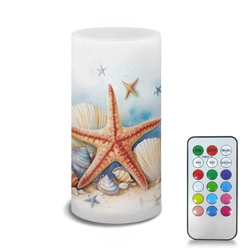 Image of LED Flameless Candles Battery Operated with Remote Timer Realistic Electric Candle Pillar Lights 12 Color Changing for Indoor Outdoor Coastal Home Decoration, Starfish Seashell Retro