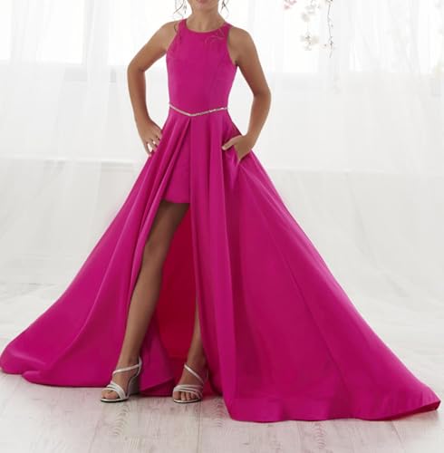 High Low Flower Girl Dress Satin Beaded Pageant Dresses for Girls Kids Party Formal Gown with Pockets4