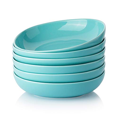 Wide and Shallow Porcelain Salad and Pasta Bowls Set of 6-24 Ounce Microwave and Dishwasher Safe Serving Dishes Turquoise