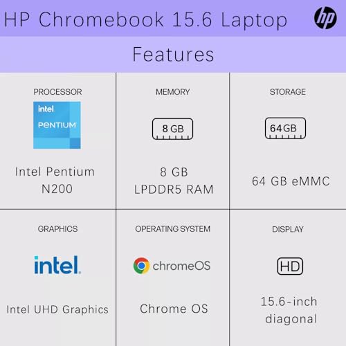 Image of HP Chromebook 15.6 inch Laptop for Student & Business, 15.6 inch HD Display, 8 GB RAM, 64 GB eMMC, Intel Quad-Core Pentium N200, Intel UHD Graphics, Anti-Glare, Long Battery Life, WiFi, Chrome OS