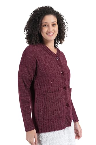 Image of MANRA Women's Woolen V-Neck Buttoned Full Sleeve Cardigan Self Design Soft Wool Fabric Winter Wear Pure Wool Sweater Fully Warm with Front Pockets Stylish Cardigan