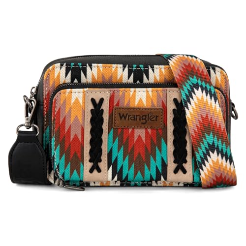 Wrangler Aztec Crossbody Bag for Women Multi Pocket Shoulder Bag Boho Cross Body Wallet Purse