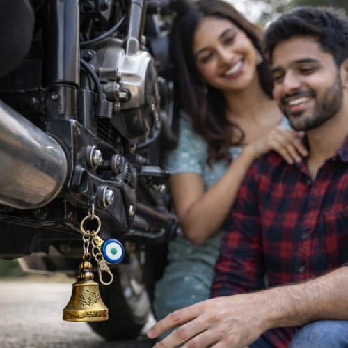 Image of Guardian Bell Keychain for Bike and Car | Tibetan Bell Keychain with Evil Eye | Good Luck Charm Bell | Ghanti for Bike | Guardian Bell | Gift for Men | Protection Charm 2 Pcs Combo