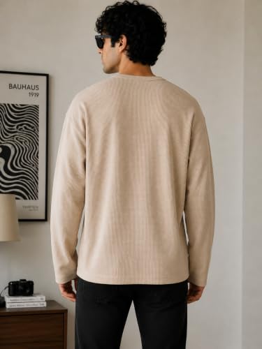 Snazzory Oversized Waffle Knit Henley T-Shirt, Beige - Image 5