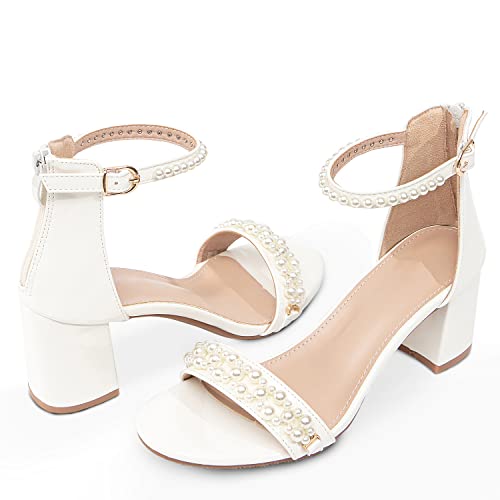 Image of Women's Heels Sandals for Women Open Toe Fashion Pearls Platform Heeled Sandals Ankle Strap Block Chunky Low Heel Pump Sandal Party Wedding Dress Shoe