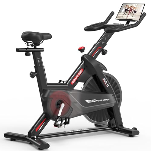 Image of Sparnod Fitness SSB-13 Spinning Bike for Home Use - Pro Magnetic Resistance System,15kg Flywheel, LCD Monitor with Pulse, 4-Way Adjustable Seat, Heavy Duty Steel Flywheel, Max weight 150kg