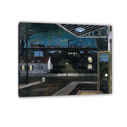 Tableau Paul Delvaux Le viaduc impression sur toile avec cadre pour salon moderne 50x40cm