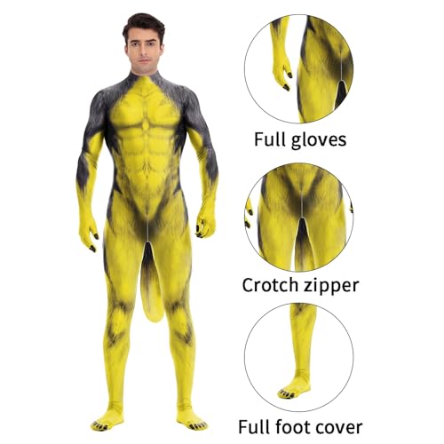 Image of Animal Full Bodysuit for Men Muscle Spandex Jumpsuit Furry Costume with Big Tail for Adult Cosplay Halloween Party
