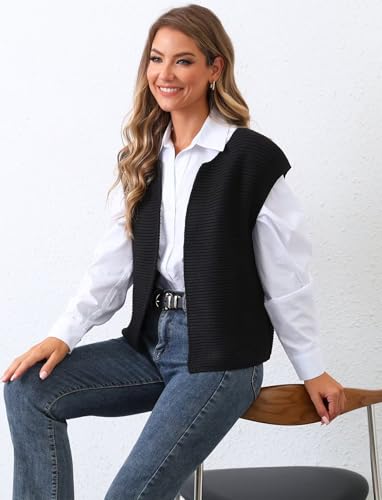 Image of TZLDN Womens Sweater Vest Tops Sleeveless Open Front Cardigan Cap Sleeve Round Neck Knit Crop Tops Casual Work Tank
