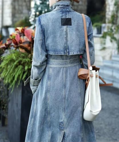 Women's Vintage Notched Lapel Denim Trench Coat Double Breasted Long Jean Jacket Belted Overcoat2