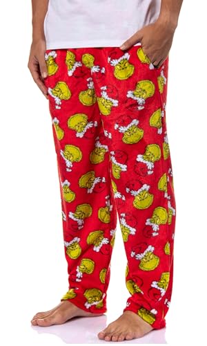 Dr. Seuss Men's GRINCH Santa Claus Toss Print Super Minky Fleece Lounge Pajama Pants