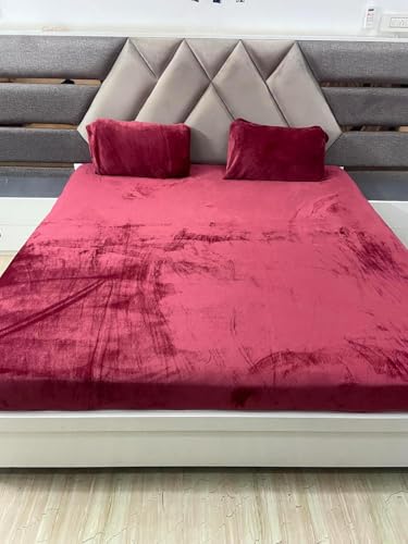 Image of Sands Flannel 300 TC Luxurious Bedsheets for Winter, King Size Fitted Warm Double Bedsheet, 72 x 78 x 10 inches, with 2 Pillow Covers (Maroon)